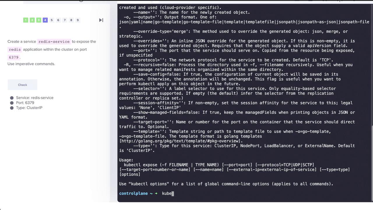 The image shows a Kubernetes command-line interface with instructions to create a service named "redis-service" to expose a Redis application on port 6379 using imperative commands.