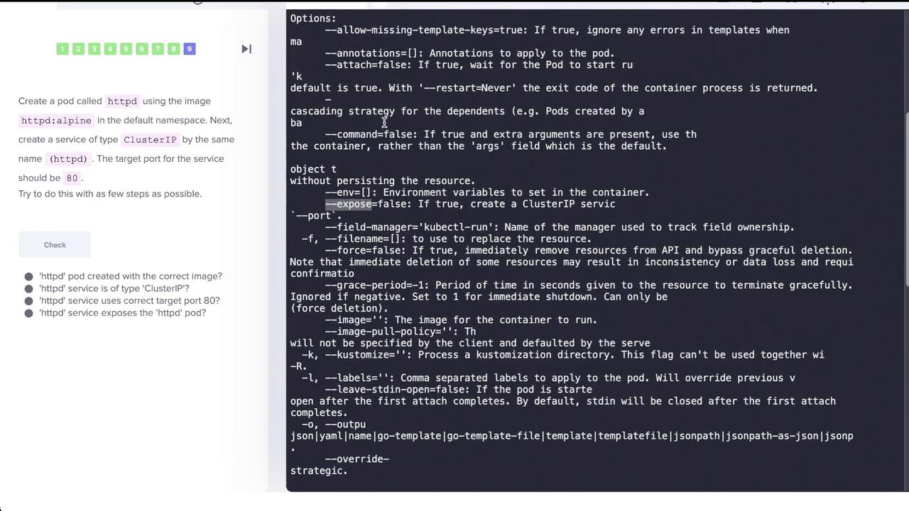 The image shows a Kubernetes task to create a pod and service, with command options and a checklist for verification.