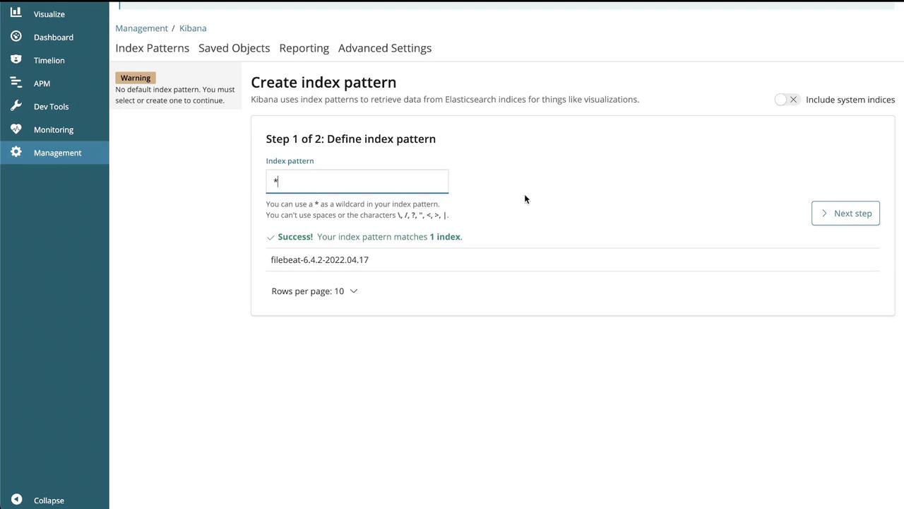 The image shows a Kibana interface for creating an index pattern, with a successful match for "filebeat-6.4.2-2022.04.17" and navigation options on the left.