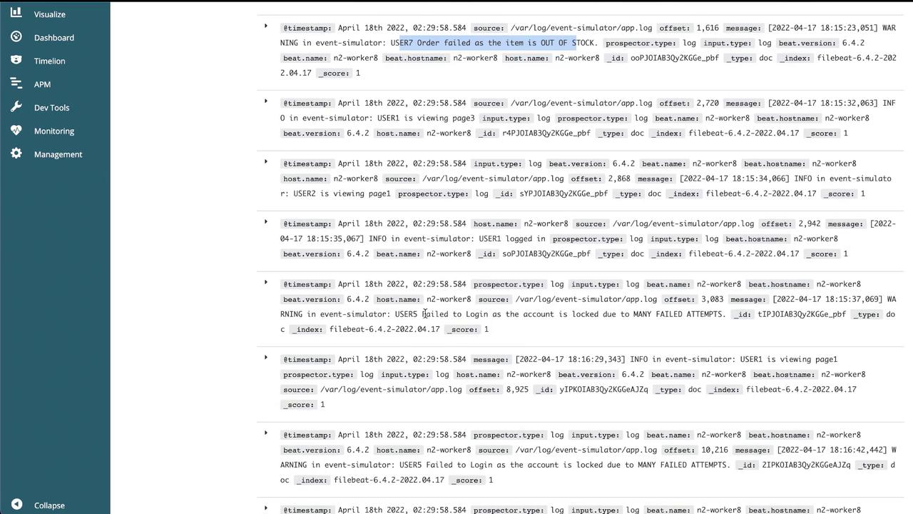 The image shows a log file interface displaying various event logs, including warnings and information about user actions and system events, with timestamps and source details.