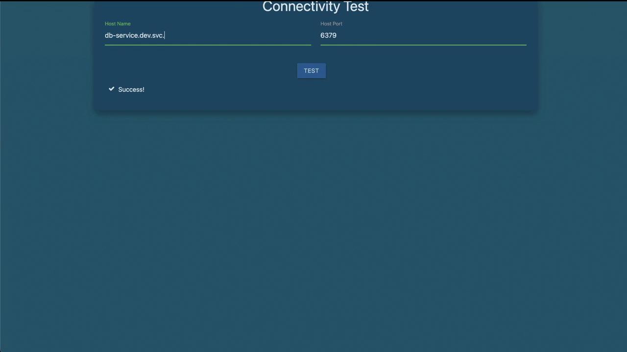 The image shows a "Connectivity Test" interface with a host name and port, indicating a successful connection.