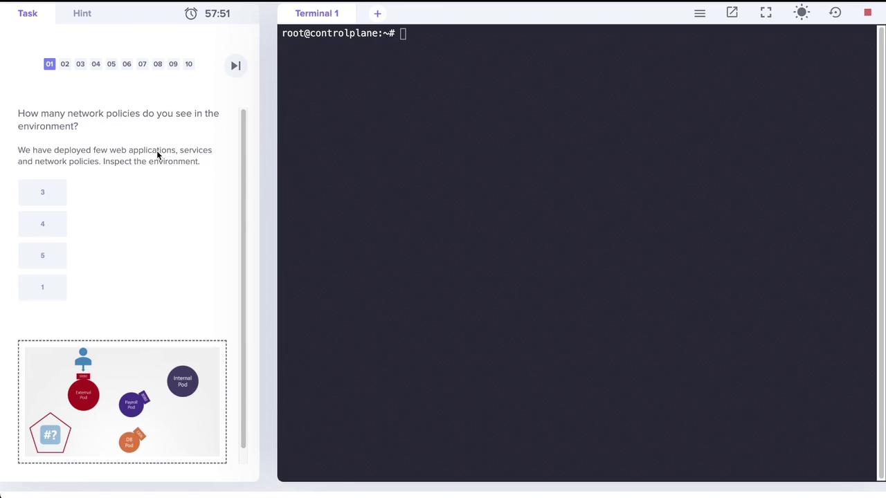 The image shows a computer interface with a terminal and a task asking about network policies in a deployed environment, featuring a diagram of pods.