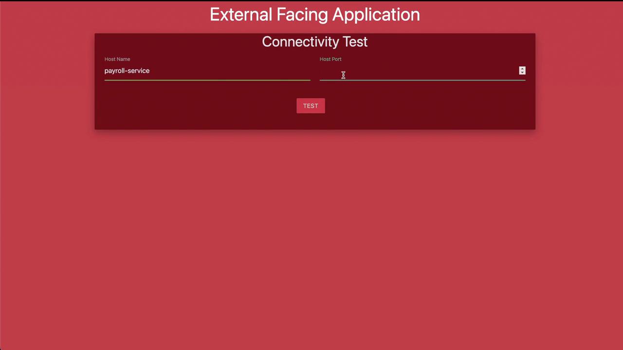 The image shows a red interface for an "External Facing Application" connectivity test, with fields for "Host Name" and "Host Port," and a "TEST" button.
