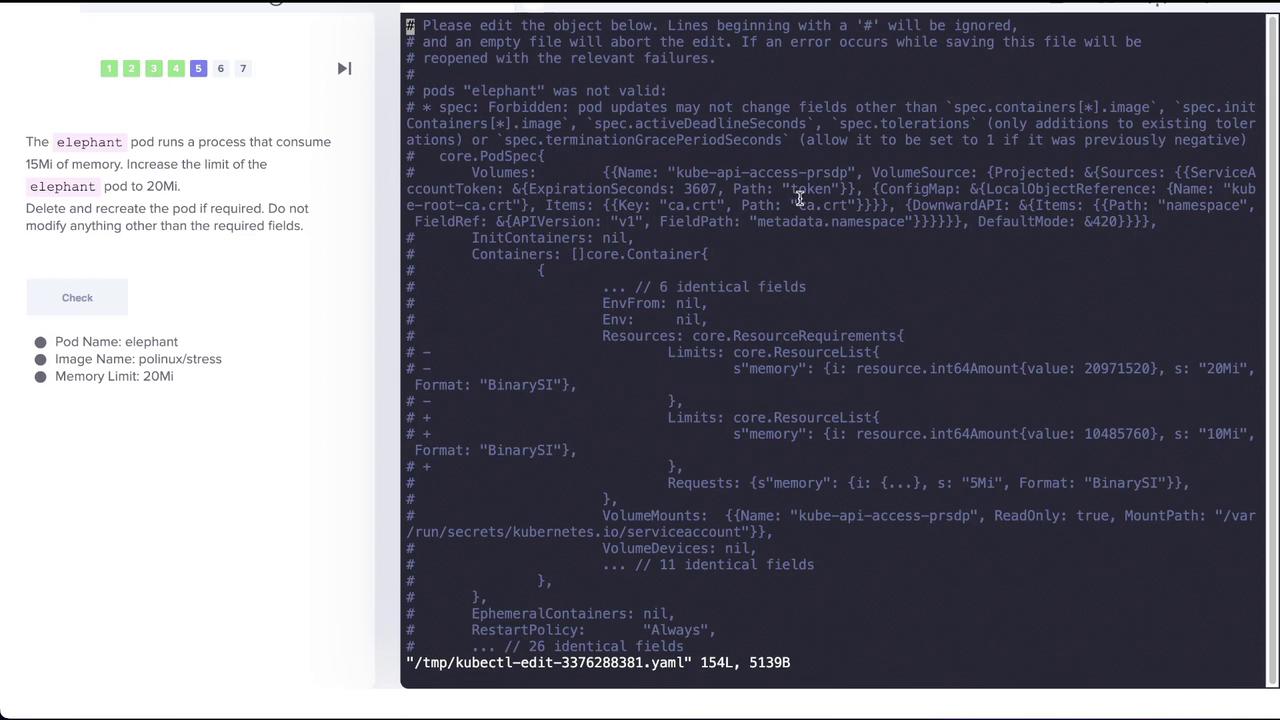 The image shows a Kubernetes YAML configuration for a pod named "elephant," with instructions to increase its memory limit to 20Mi.