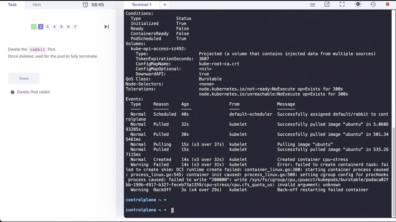 The image shows a terminal window displaying Kubernetes pod events and conditions, with instructions to delete the "rabbit" pod on the left side.