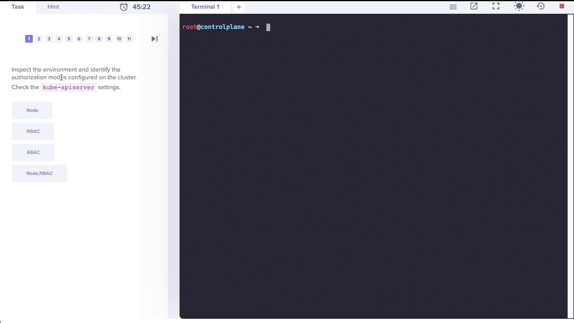 The image shows a terminal interface with a task to inspect Kubernetes authorization modes, focusing on `kube-apiserver` settings, with options like Node, RBAC, and ABAC.