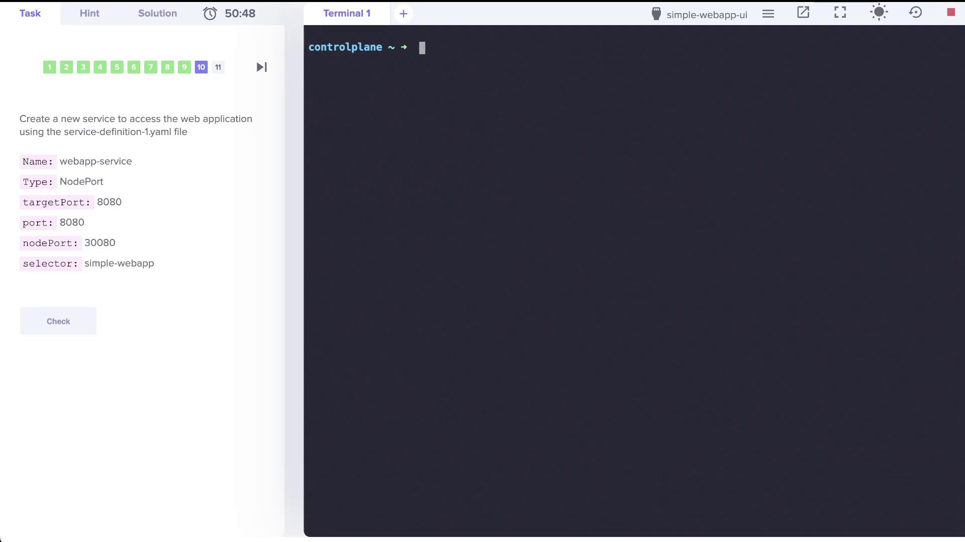 The image shows a terminal interface with instructions to create a NodePort service for a web application, specifying ports and a selector.