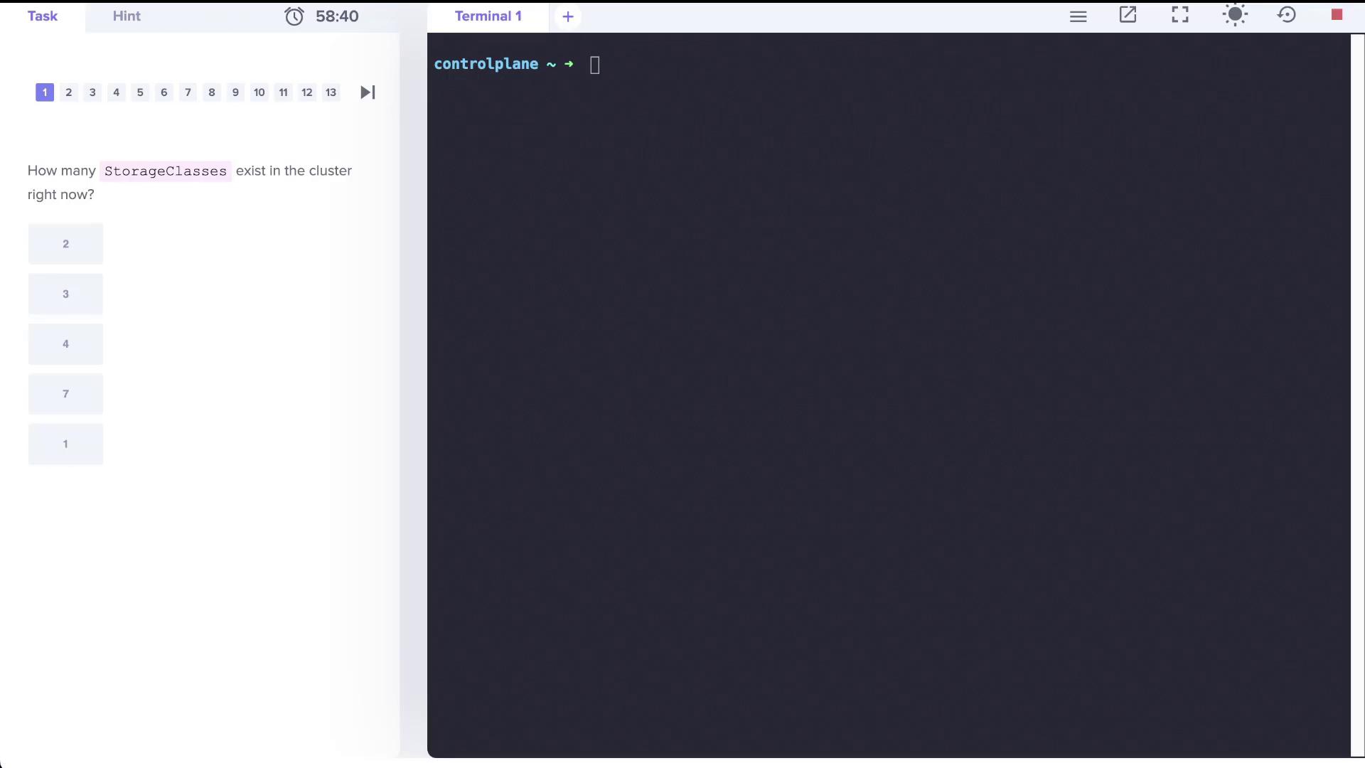 A terminal interface asks how many StorageClasses exist in a cluster, with multiple-choice options provided.