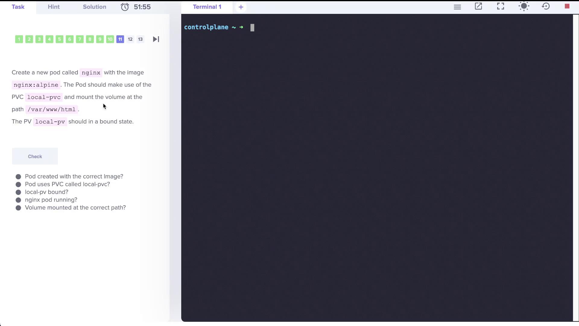The image shows a task to create an Nginx pod using a specific image and PVC, with checks for correct configuration.