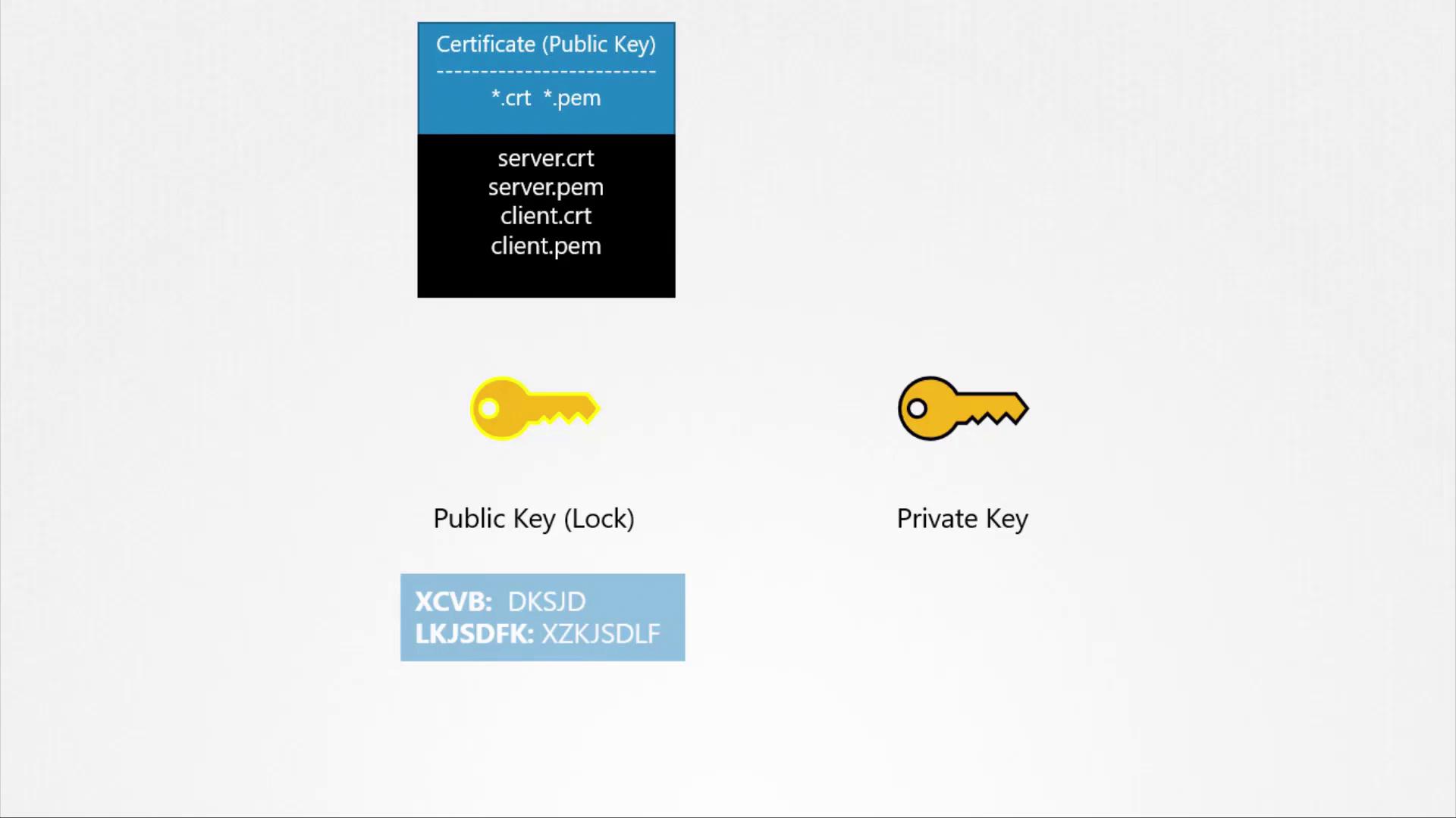The image illustrates public and private keys, showing certificate file types (.crt, .pem) and their roles in encryption.