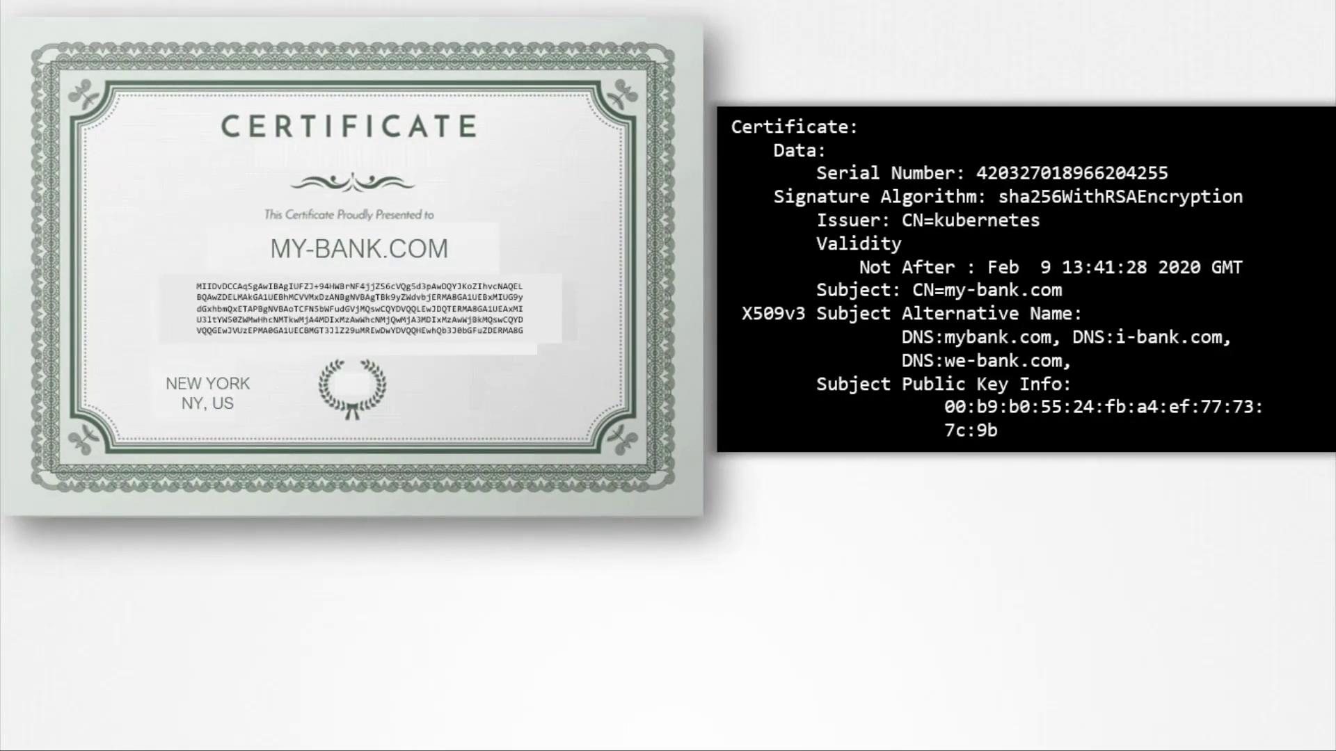 The image shows a digital certificate for "MY-BANK.COM" with details like serial number, issuer, validity, and subject public key information.