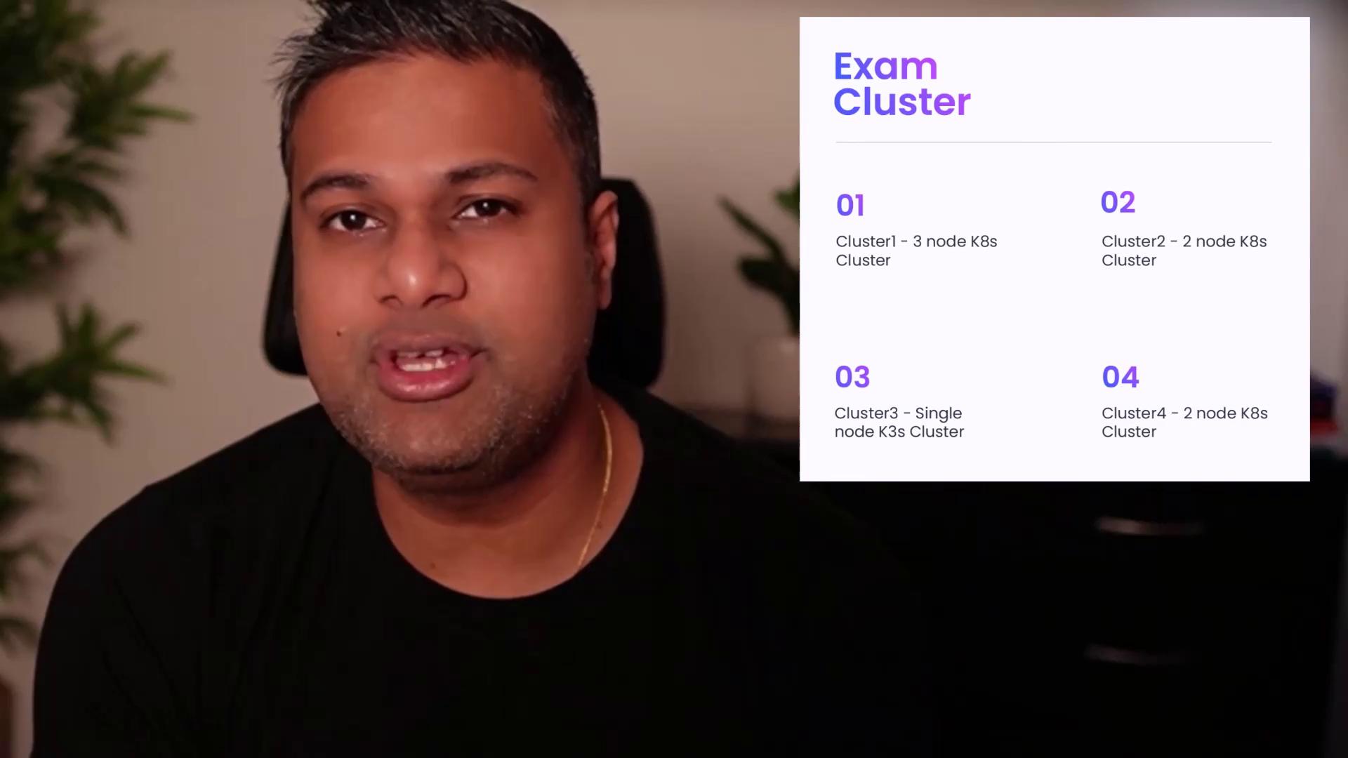 A person is speaking next to a list titled "Exam Cluster," detailing four Kubernetes (K8s) clusters with varying node configurations.