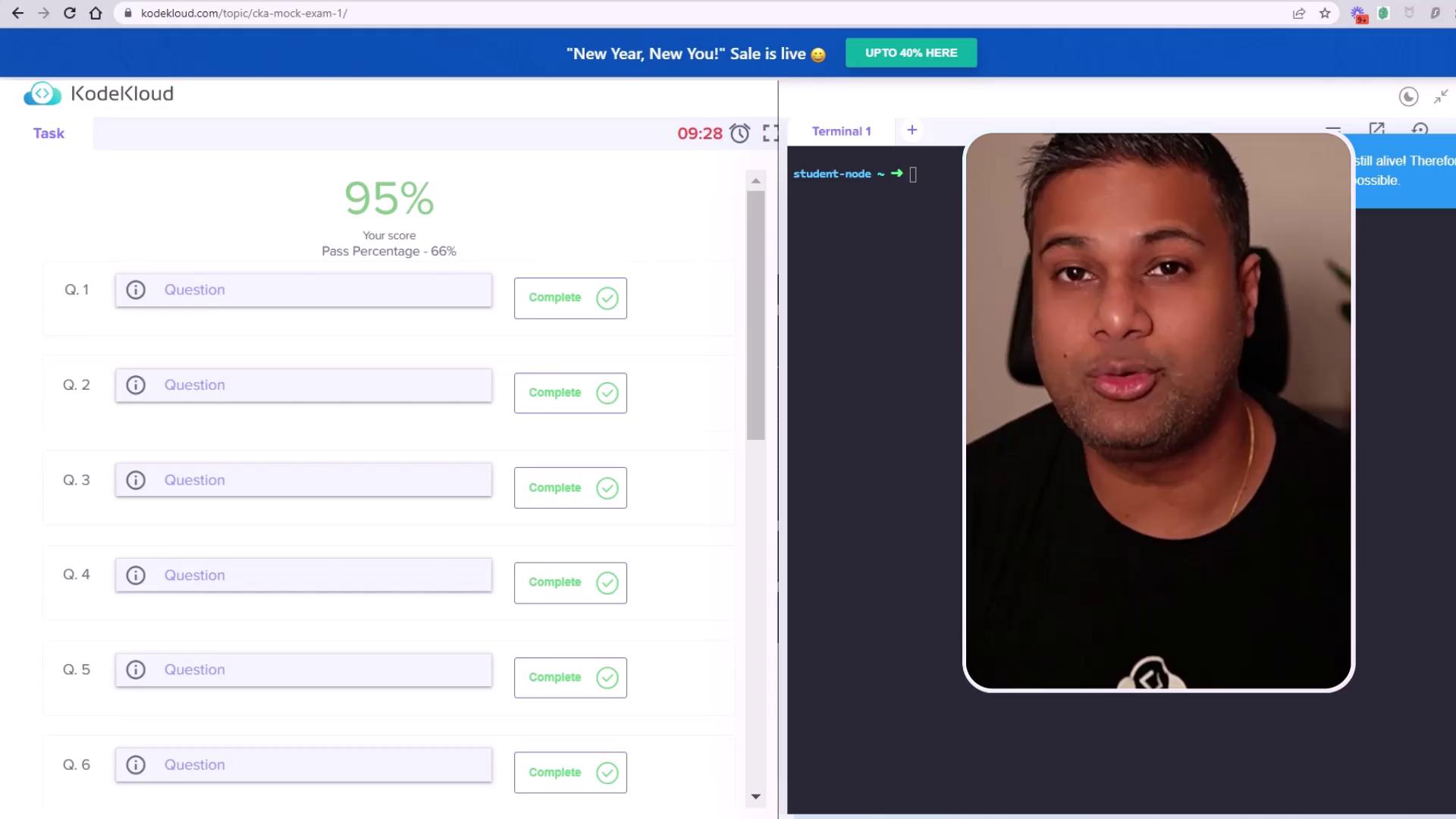 A KodeKloud mock exam interface shows a 95% score with completed questions, alongside a video of a person speaking.