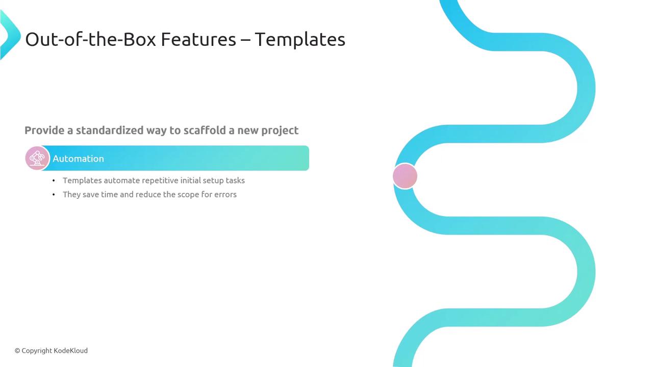 The image is a presentation slide titled "Out-of-the-Box Features – Templates," highlighting automation benefits such as automating repetitive tasks and reducing errors. It features a wavy blue line with a pink circle and text about scaffolding new projects.