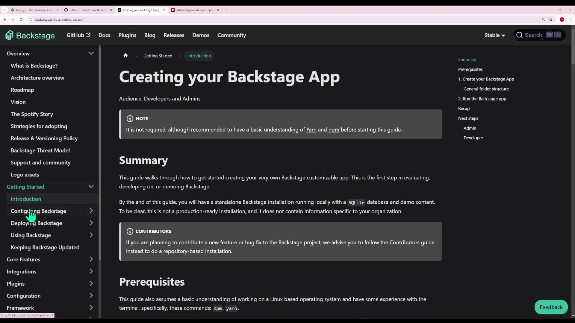 The image shows a webpage from Backstage's documentation, specifically the "Creating your Backstage App" section, with navigation links on the left and content about prerequisites and summary on the right.