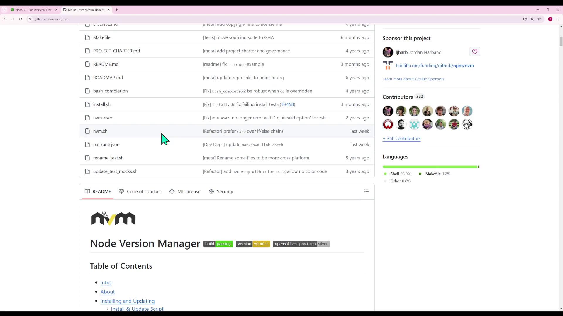 This image shows a GitHub repository page for the Node Version Manager (nvm) project, displaying files, contributors, and language statistics.