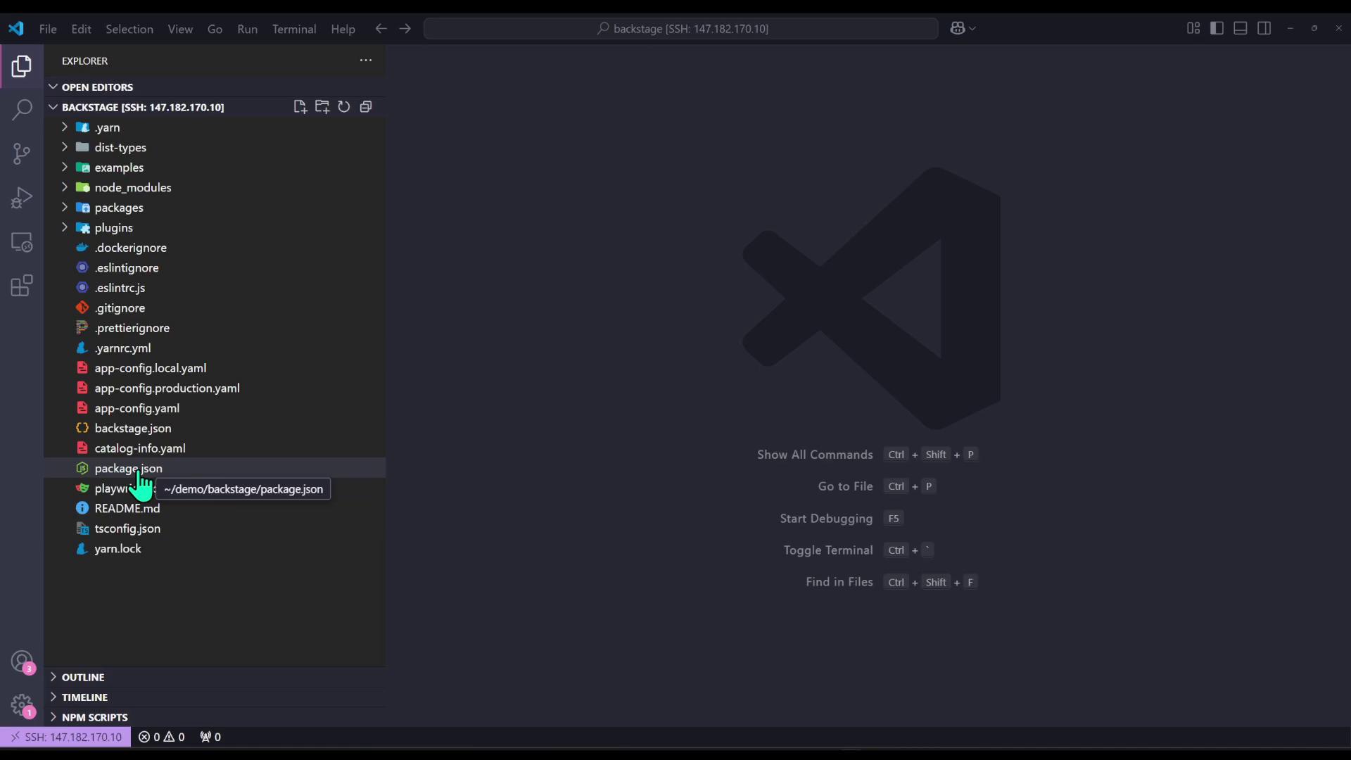 The image shows a Visual Studio Code interface with a file explorer open, displaying various project files and folders. A cursor is hovering over the "package.json" file.