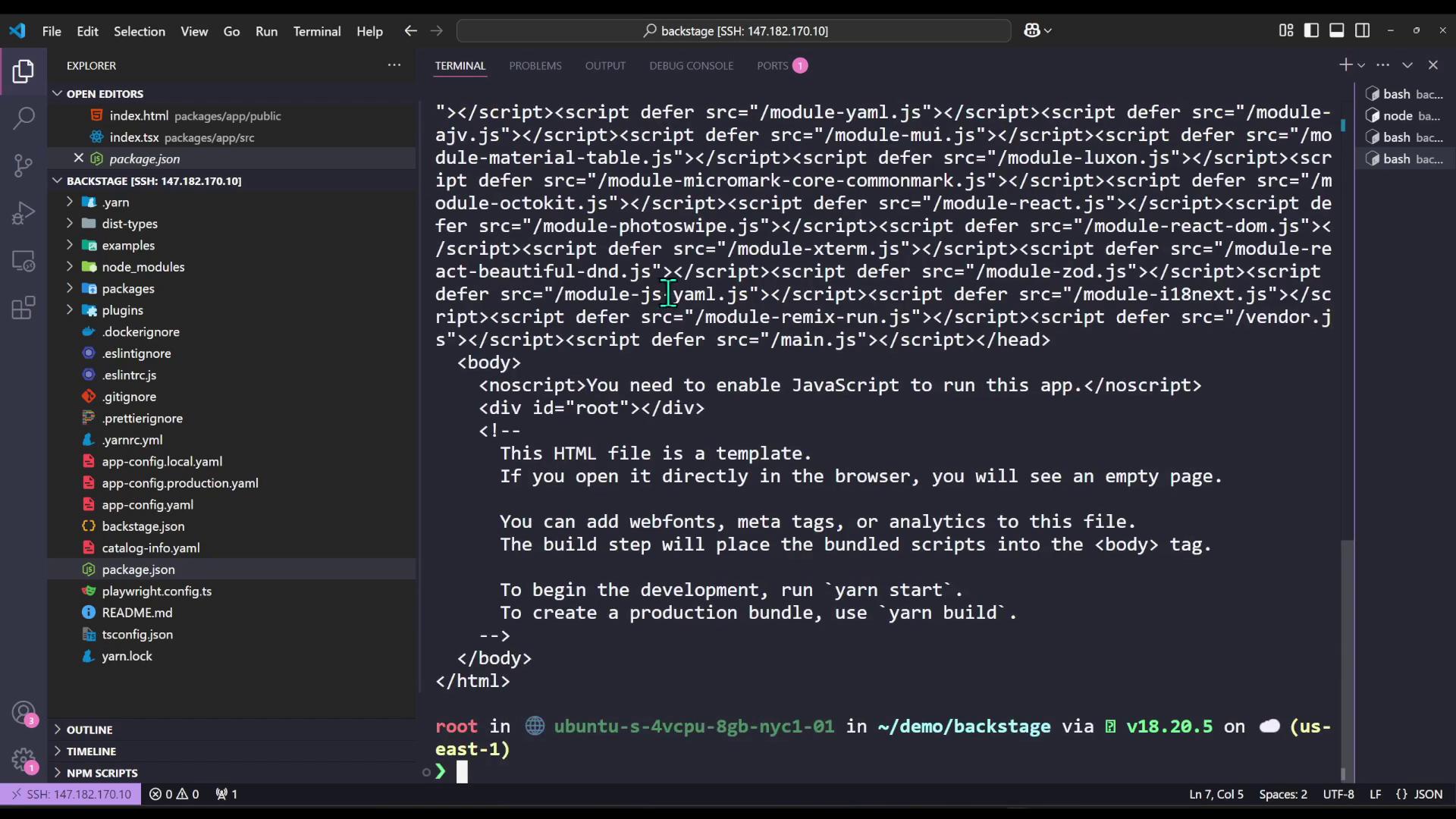 The image shows a Visual Studio Code interface with an open HTML file and a terminal at the bottom. The file explorer on the left displays various project files and folders.