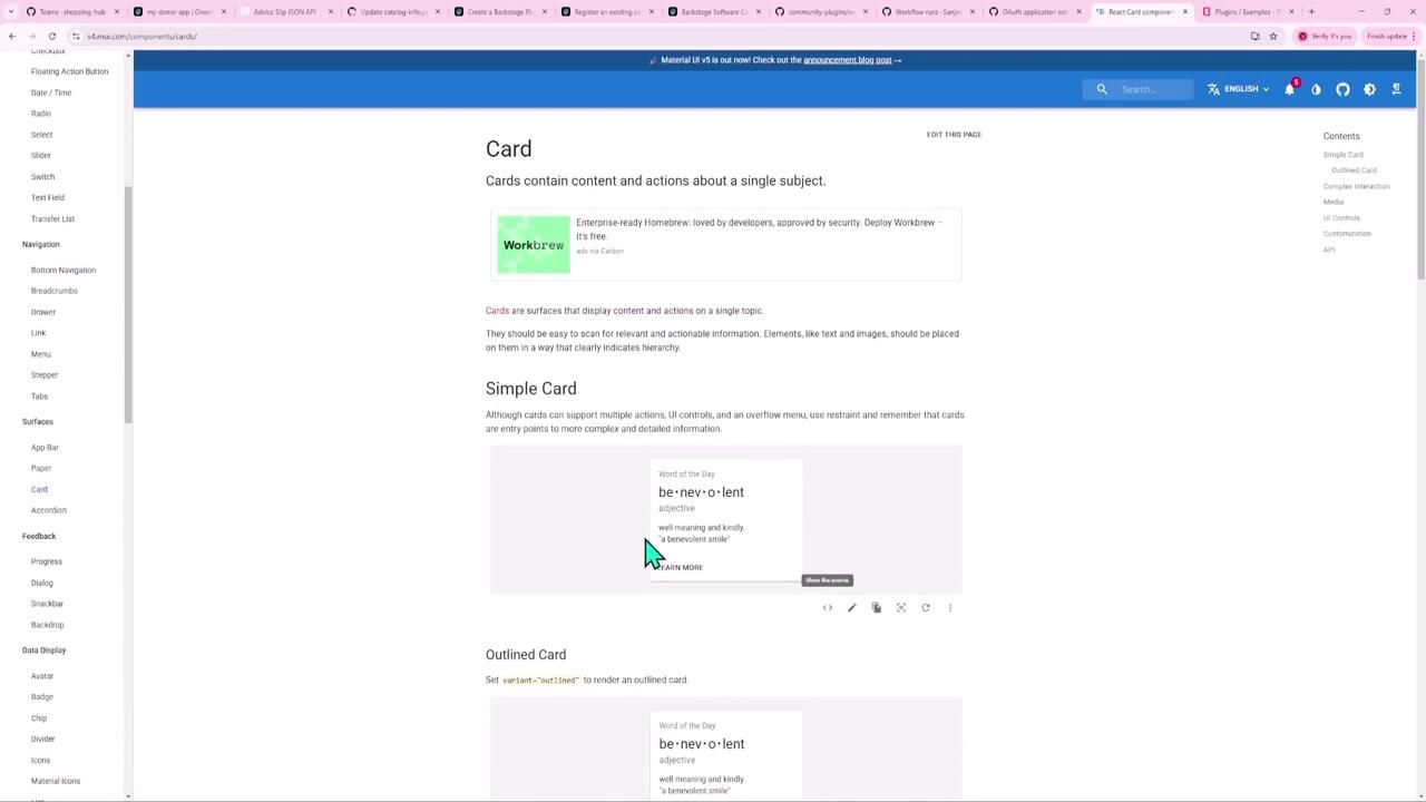 The image shows a webpage from Material UI documentation, specifically about "Card" components, with examples and descriptions of different card types like "Simple Card" and "Outlined Card." The page includes navigation links on the left and a contents section on the right.