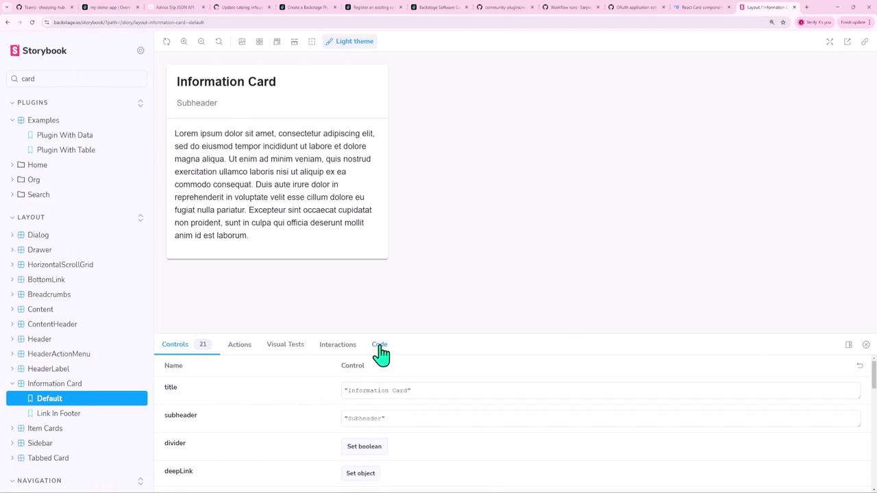 The image shows a Storybook interface displaying an "Information Card" component with a subheader and placeholder text. The sidebar lists various layout options, and there are controls for customizing the card's properties.