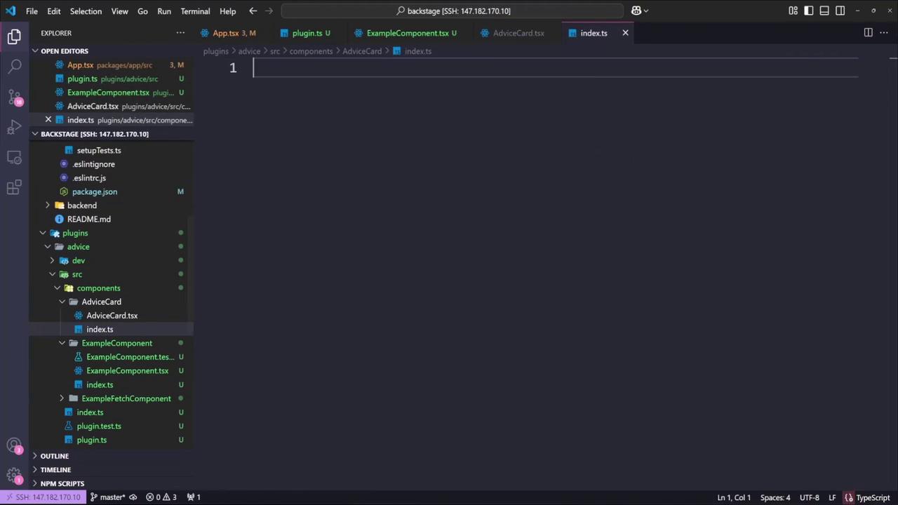 The image shows a Visual Studio Code interface with a project directory open, displaying various TypeScript files and folders in the explorer panel. The main editor area is open to an empty `index.ts` file.