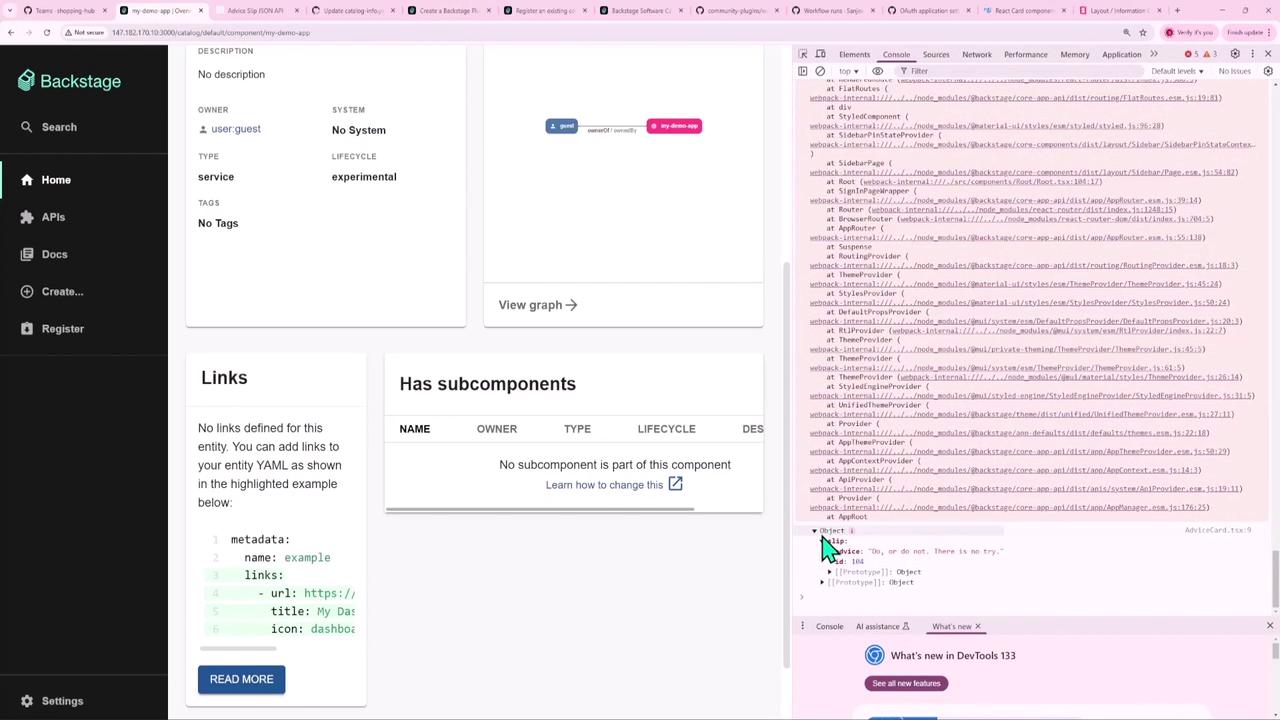 The image shows a screenshot of a web application interface, likely a developer tool, with a sidebar menu on the left and a main content area displaying component details. On the right, there is a browser developer console with code and logs.