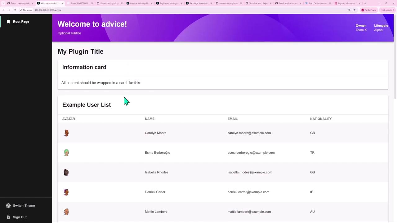 The image shows a webpage with a header titled "Welcome to advice!" and a section displaying an example user list with avatars, names, emails, and nationalities.