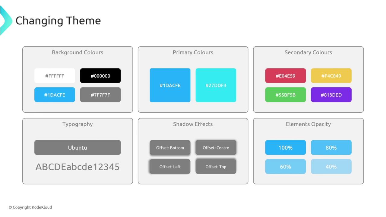 The image is a design theme guide showing different color palettes, typography, shadow effects, and element opacity options. It includes background, primary, and secondary colors, along with font and shadow settings.