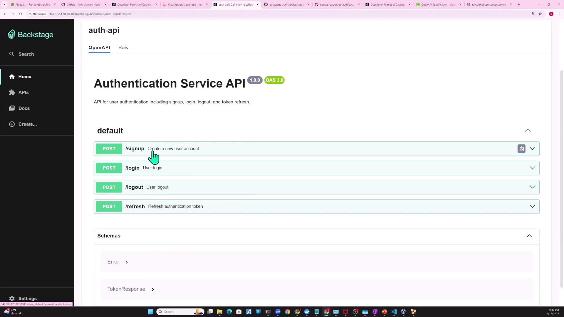 The image shows an API documentation interface for an "Authentication Service API" with endpoints for signup, login, logout, and token refresh. The interface includes options to expand each endpoint for more details.