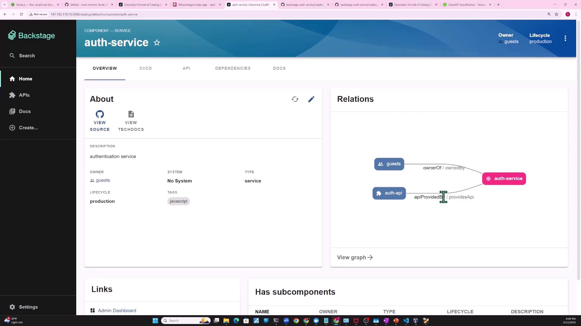 The image shows a dashboard from Backstage, displaying details about an "auth-service" component, including its description, owner, lifecycle, and related entities in a graph format.