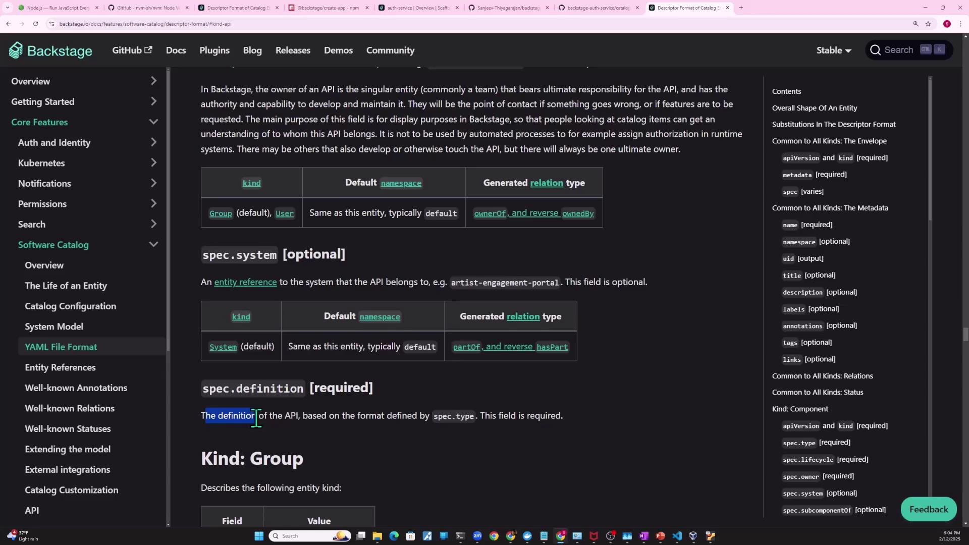 The image shows a webpage from Backstage documentation, specifically detailing the descriptor format of a software catalog. It includes sections on API ownership, system references, and definition requirements, with a sidebar menu for navigation.