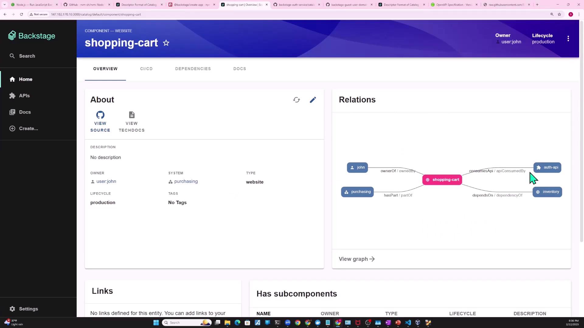 The image shows a dashboard interface for a "shopping-cart" component, displaying details like owner, system, and type, along with a relations graph illustrating dependencies and associations with other components.