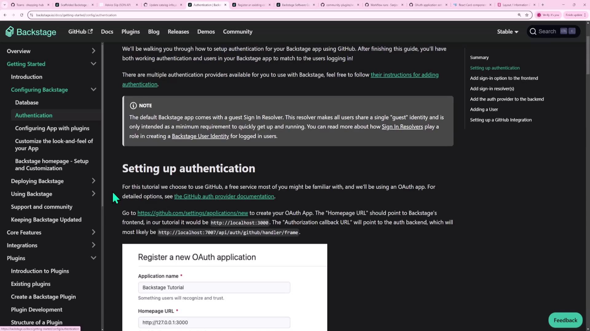 The image shows a webpage from Backstage documentation, detailing how to set up authentication using GitHub. It includes instructions and a form for registering a new OAuth application.
