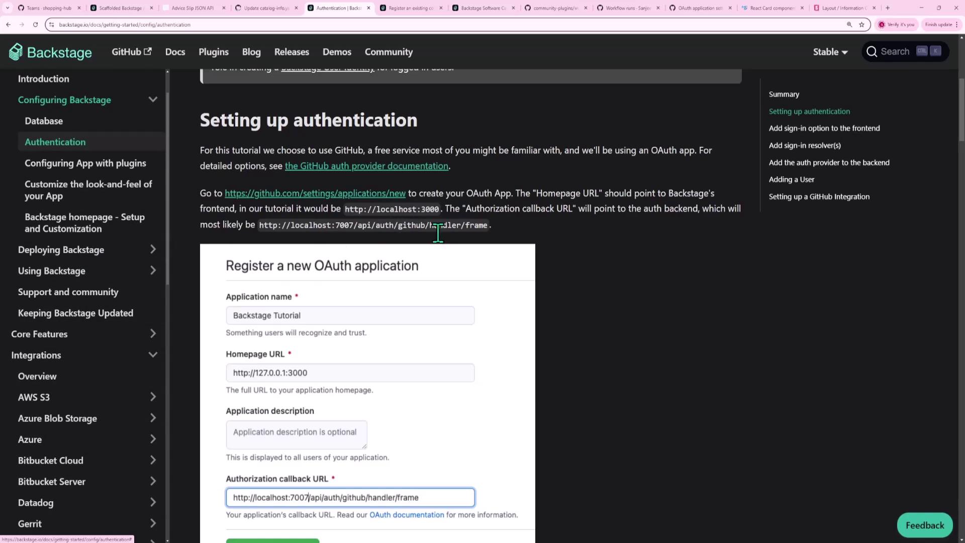 The image shows a webpage from Backstage documentation about setting up authentication using GitHub OAuth. It includes instructions and a form for registering a new OAuth application.