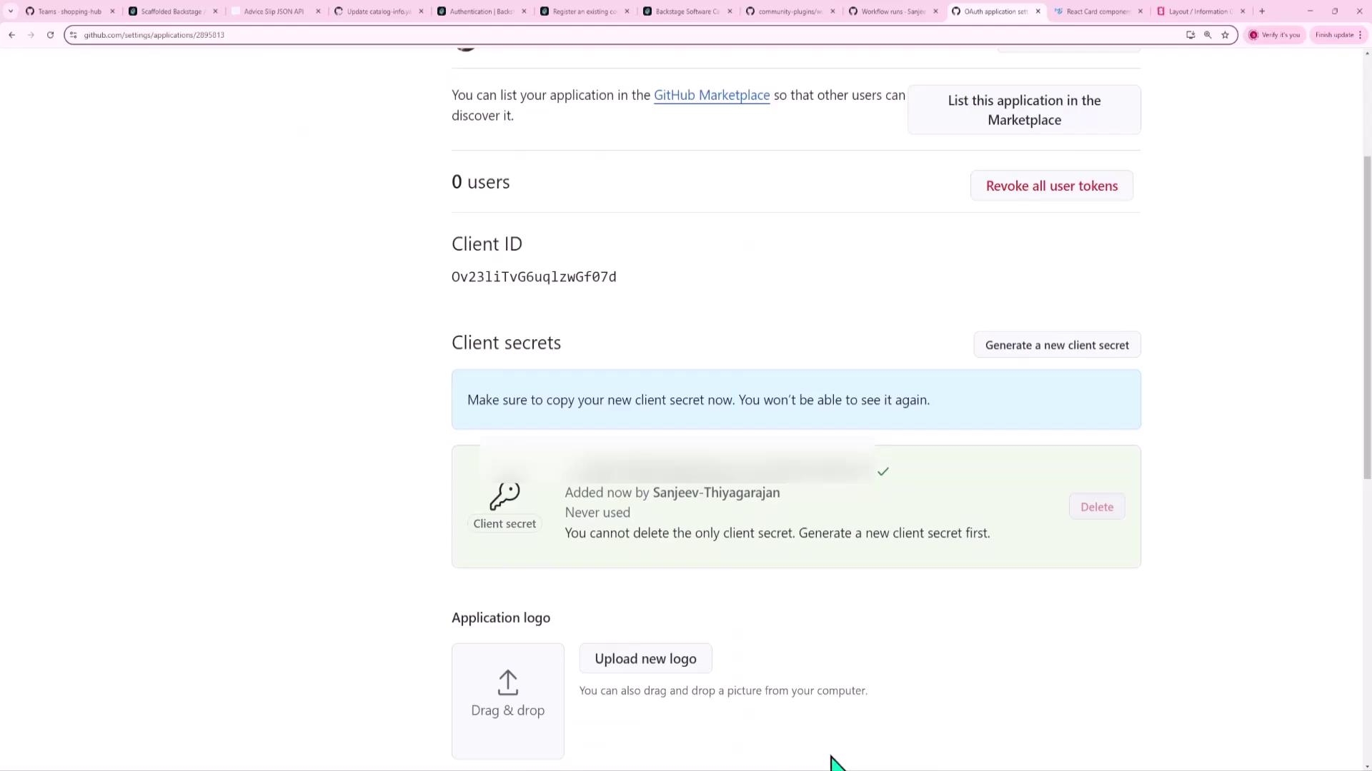 The image shows a GitHub application settings page displaying a client ID and client secret management section, with options to generate a new client secret and upload an application logo.