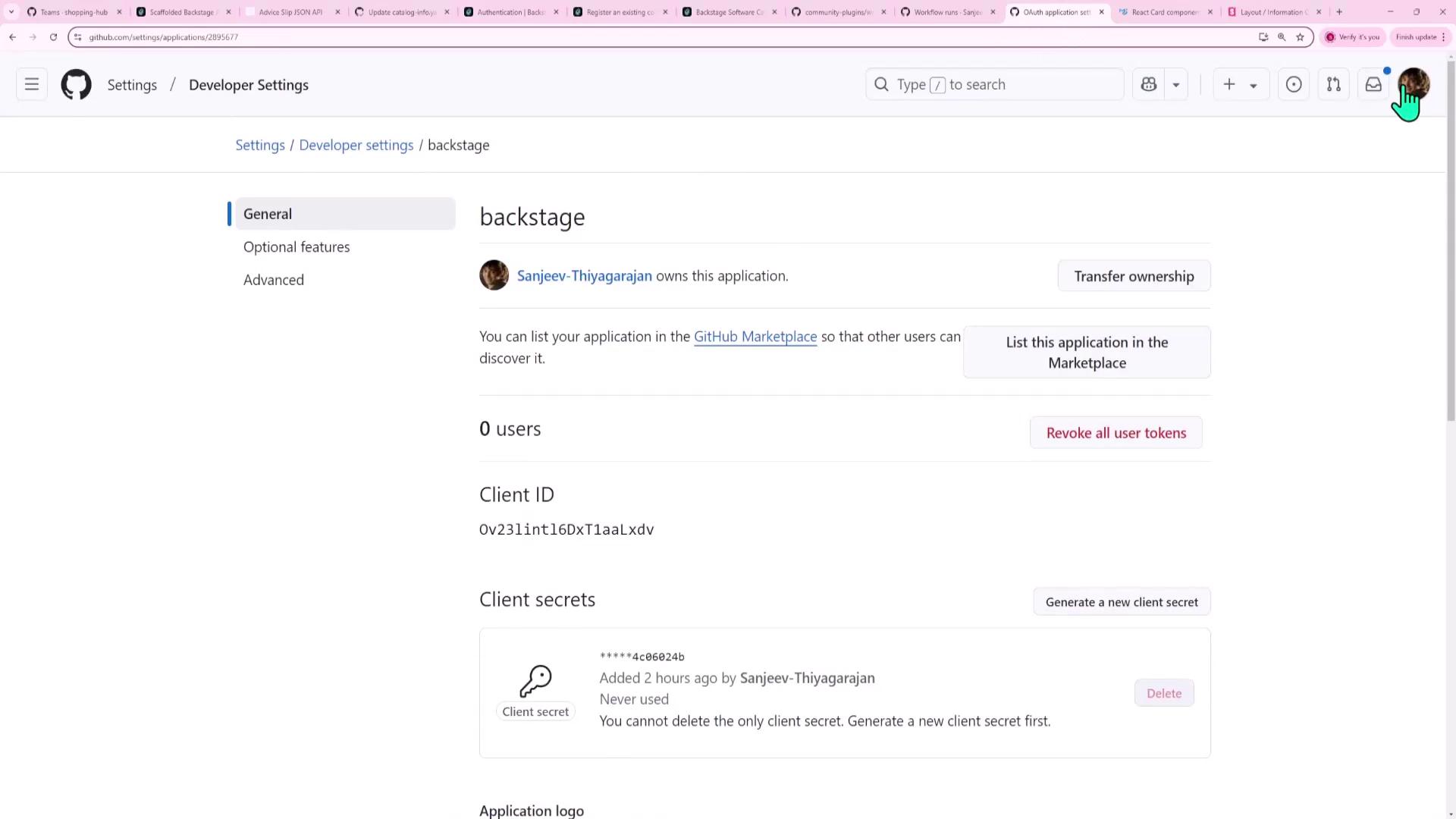 The image shows a GitHub Developer Settings page for an application named "backstage," displaying details like the owner, client ID, and client secrets. There are options to transfer ownership, list the application in the marketplace, and manage user tokens.