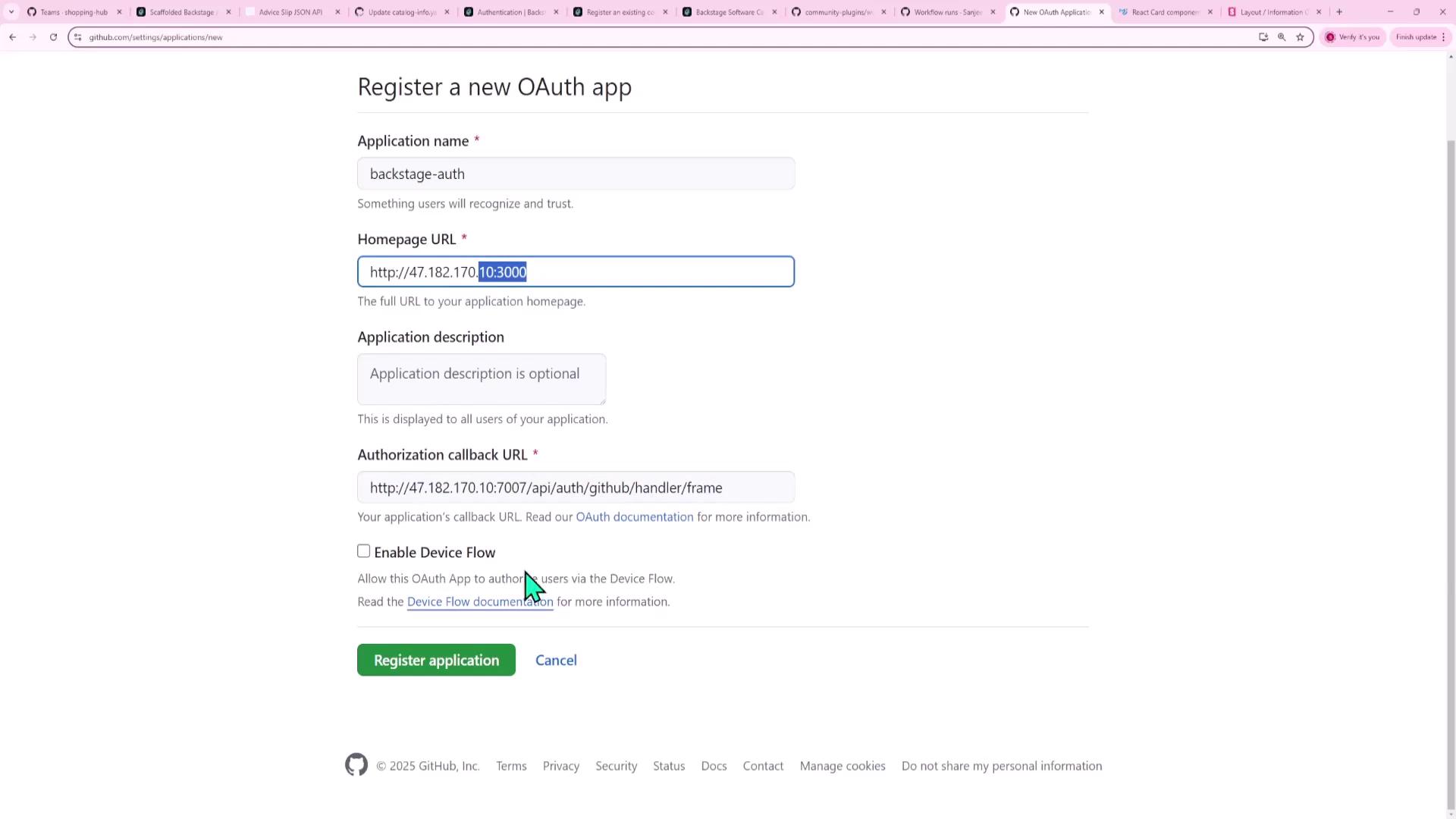 The image shows a GitHub page for registering a new OAuth application, with fields for application name, homepage URL, application description, and authorization callback URL. There is also an option to enable Device Flow and buttons to register the application or cancel.