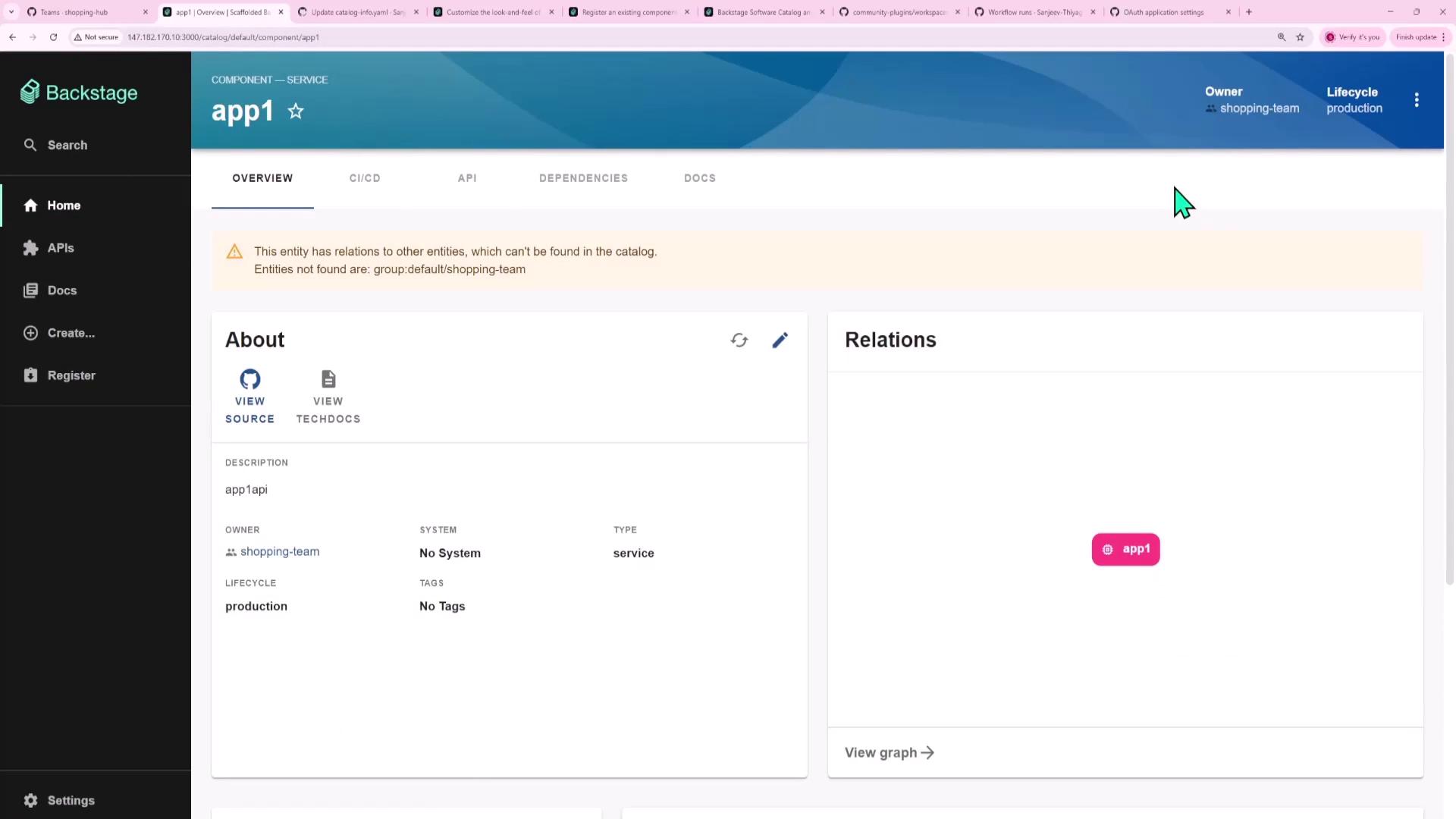 The image shows a web interface for a service component named "app1" in Backstage, displaying details like description, owner, and lifecycle, with a sidebar for navigation.
