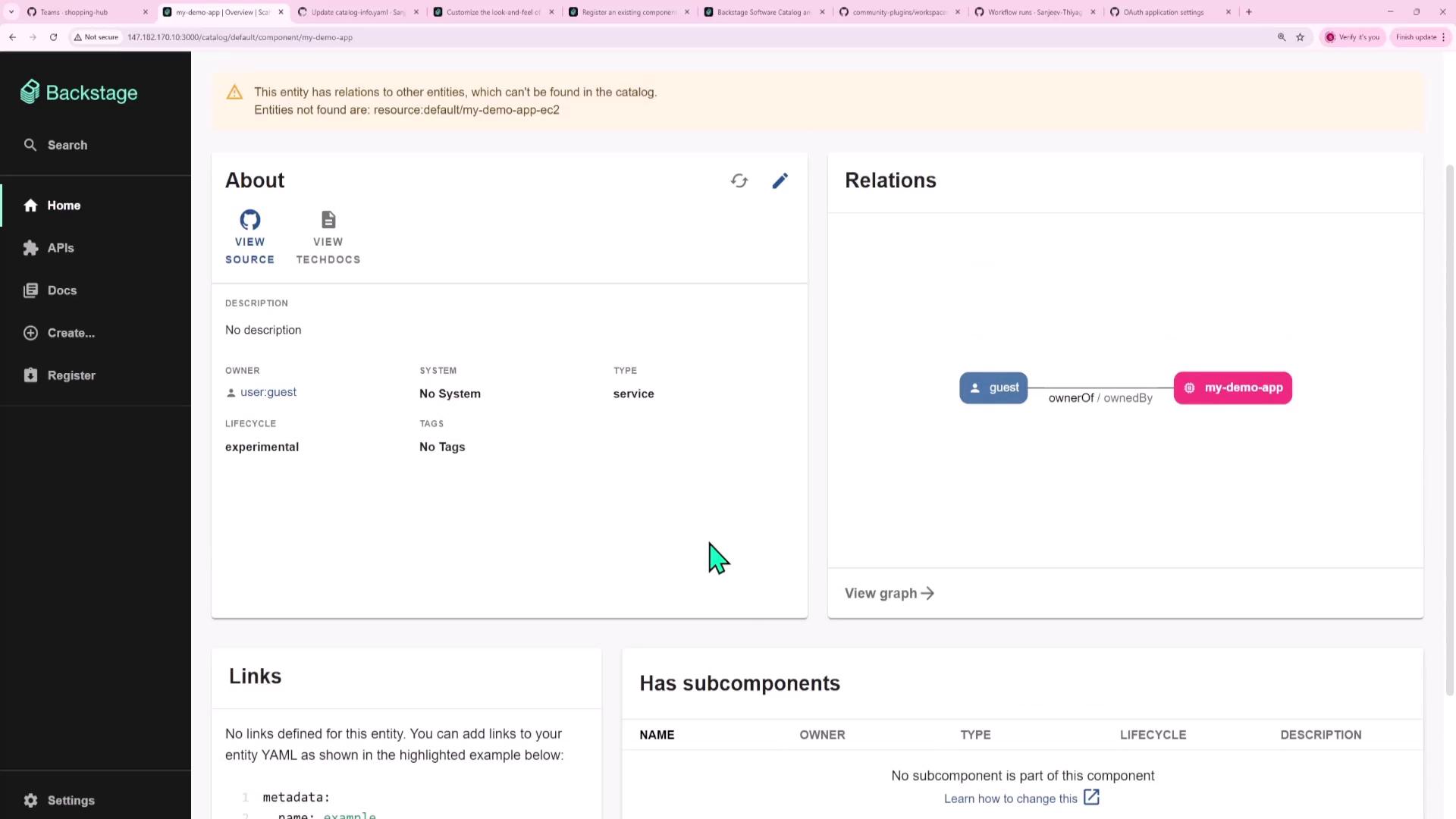 The image shows a software interface from Backstage, displaying details about a component called "my-demo-app," including its owner, system, and lifecycle status. There is also a relations graph indicating ownership and a section for links and subcomponents.