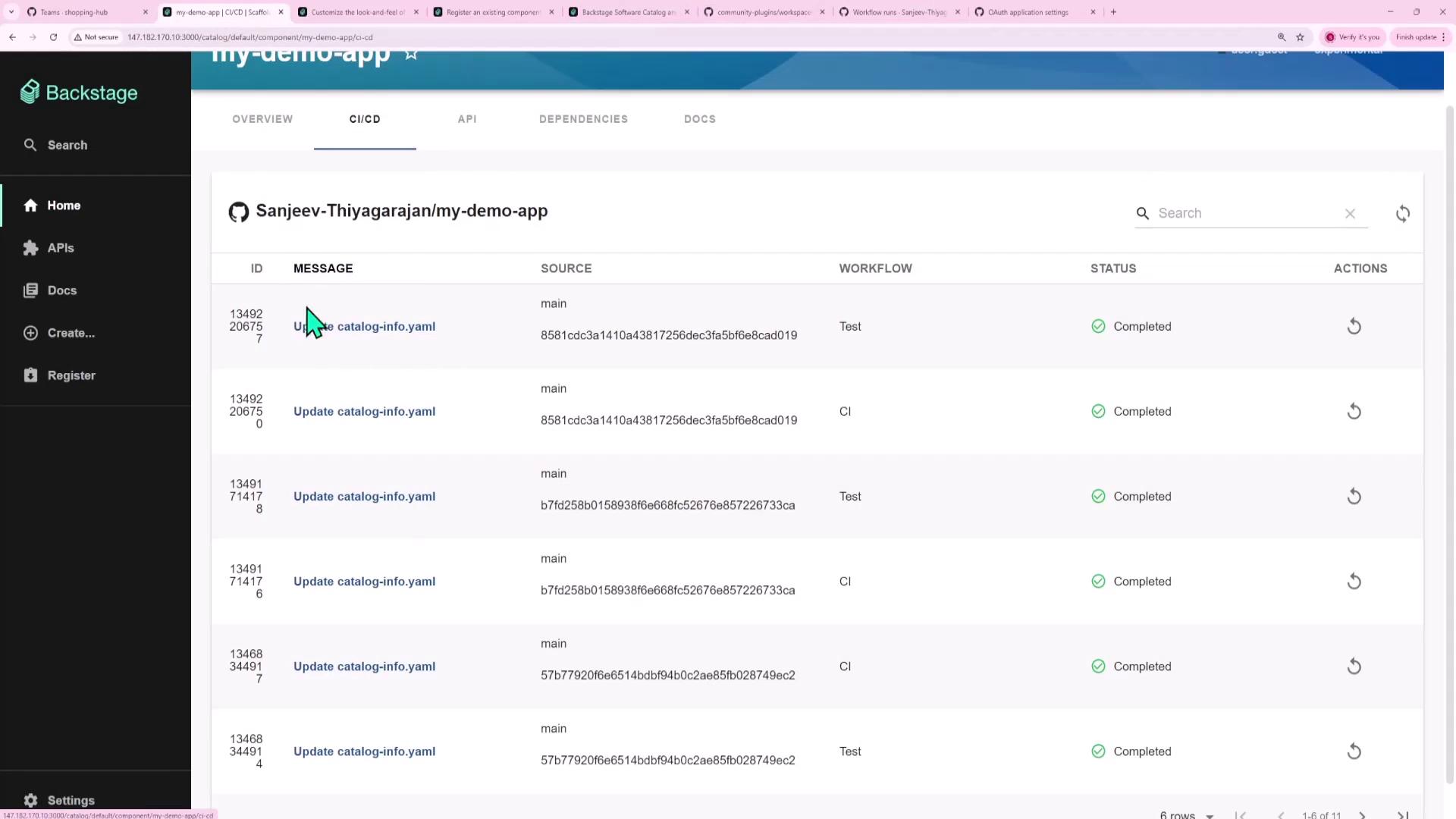 The image shows a CI/CD dashboard for a project named "my-demo-app" with a list of completed tasks, including updates to a "catalog-info.yaml" file. The interface includes details like ID, message, source, workflow, status, and actions.
