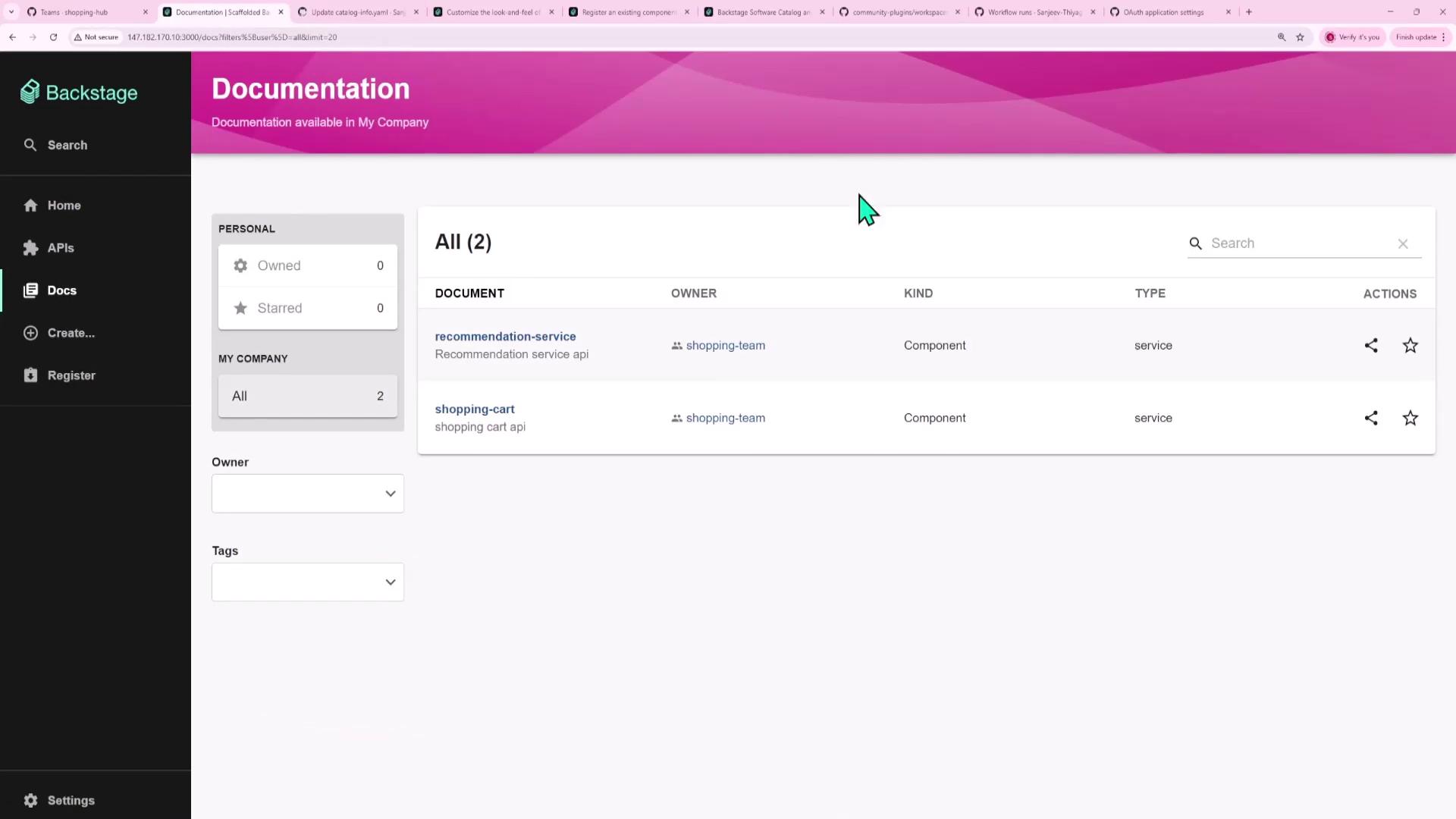 The image shows a web interface for documentation management, listing two documents related to APIs under "My Company." The sidebar includes options like Home, APIs, Docs, Create, and Register.