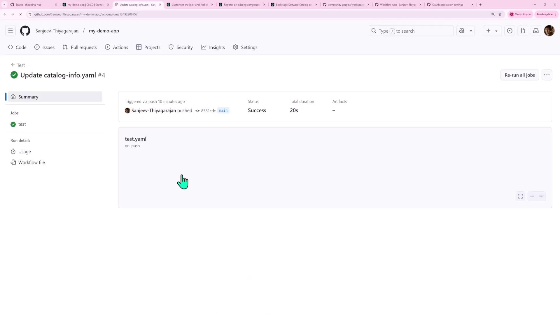 The image shows a GitHub Actions workflow run summary for a repository, indicating a successful job execution for updating a `catalog-info.yaml` file. The workflow was triggered by a push to the main branch and completed in 20 seconds.