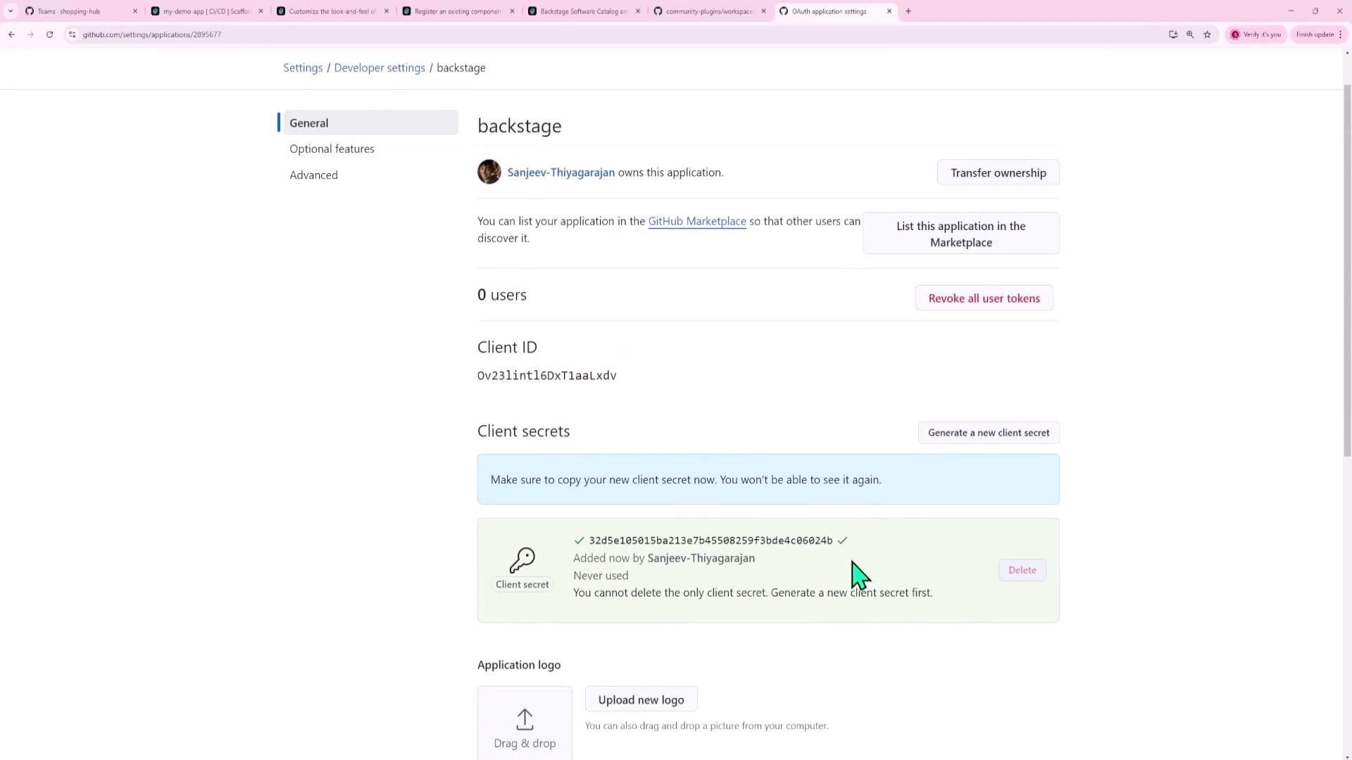 The image shows a GitHub application settings page for an application named "backstage," displaying details like the client ID, client secrets, and options to manage the application.