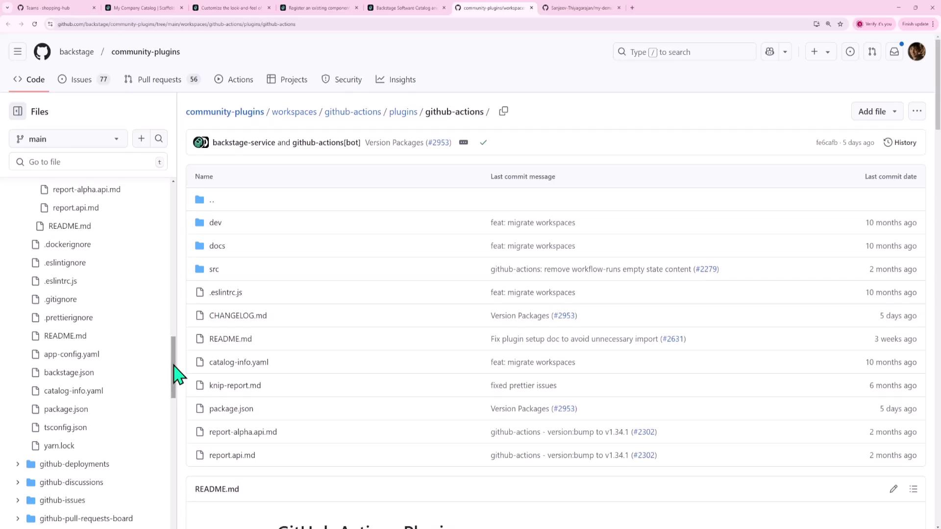 The image shows a GitHub repository page for "community-plugins" with a list of files and directories, along with their last commit messages and dates. The interface includes options for code, issues, pull requests, actions, projects, and security.