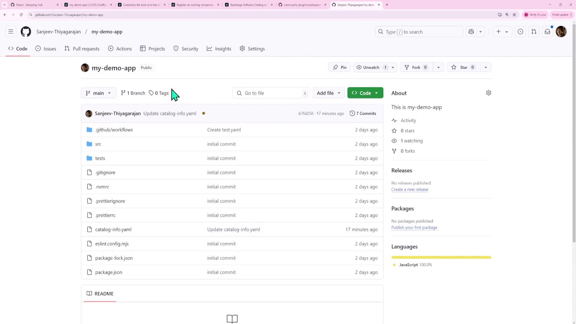 This image shows a GitHub repository page named "my-demo-app" with a list of files and folders, including `.github`, `src`, and `tests`. The repository is public, has no stars or forks, and is primarily written in JavaScript.