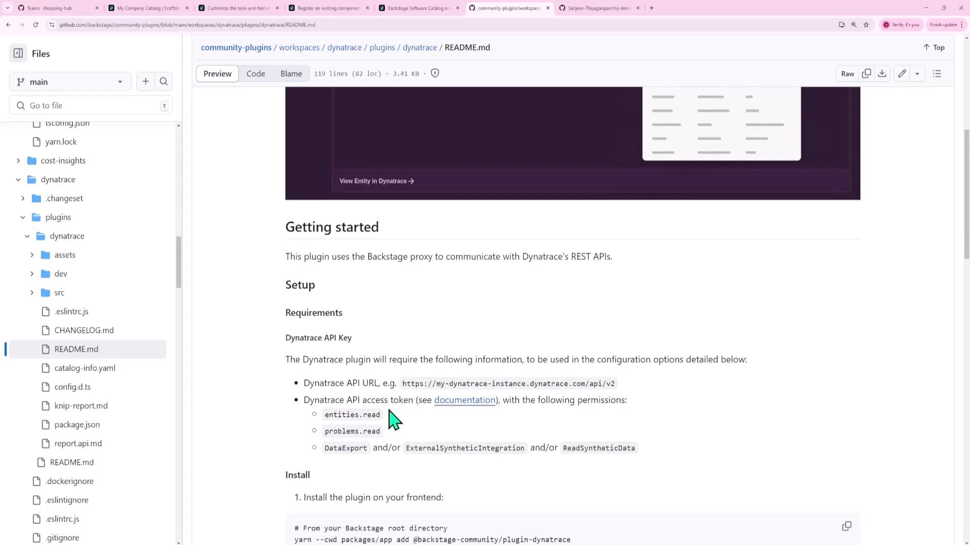 The image shows a GitHub repository page with a README file open, detailing setup instructions for a Dynatrace plugin using Backstage. The file structure is visible on the left side.