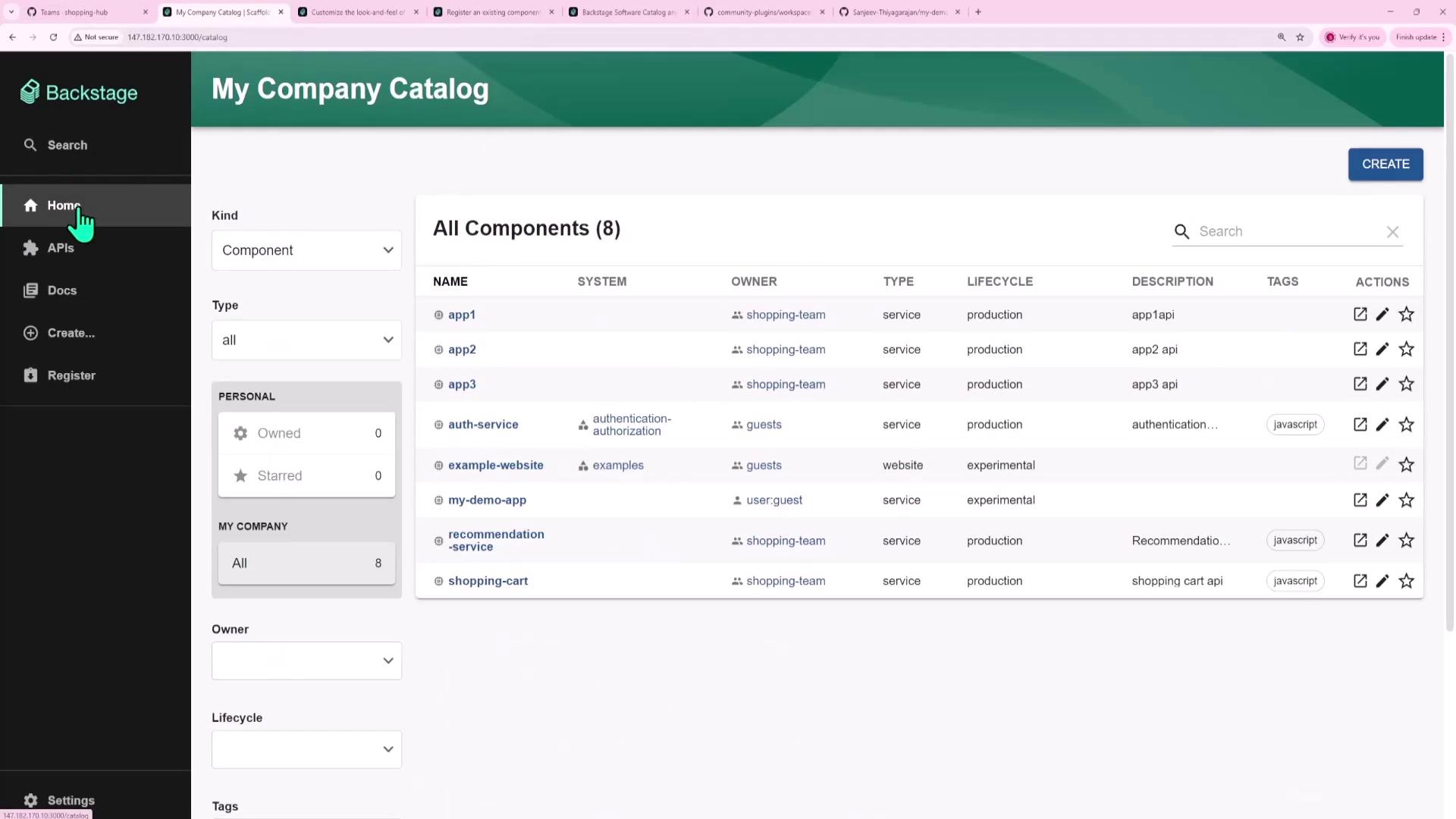 The image shows a software catalog interface titled "My Company Catalog" with a list of components, including their names, systems, owners, types, lifecycles, descriptions, and tags. The sidebar includes navigation options like Home, APIs, Docs, Create, and Register.