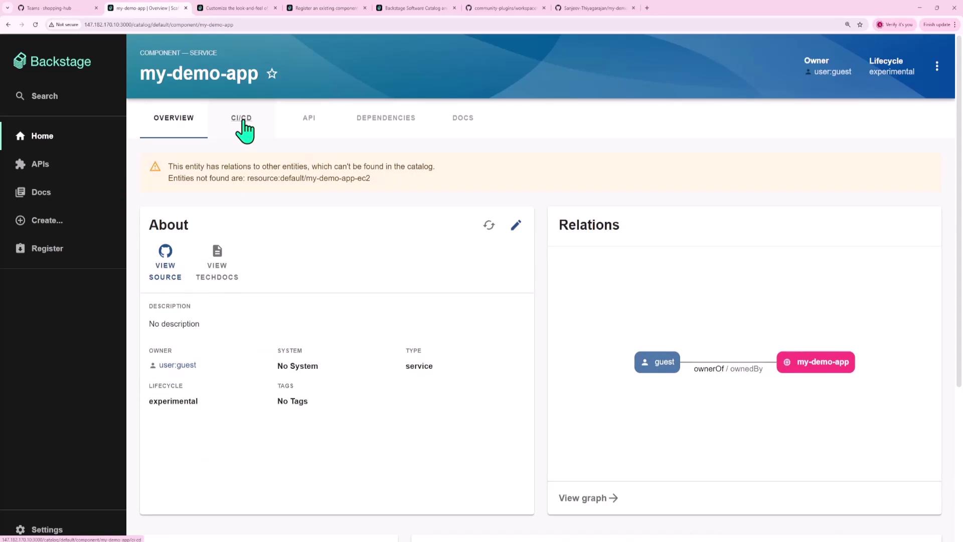 The image shows a web interface for a service called "my-demo-app" on Backstage, displaying an overview with details about the app, including its owner, lifecycle, and relations.
