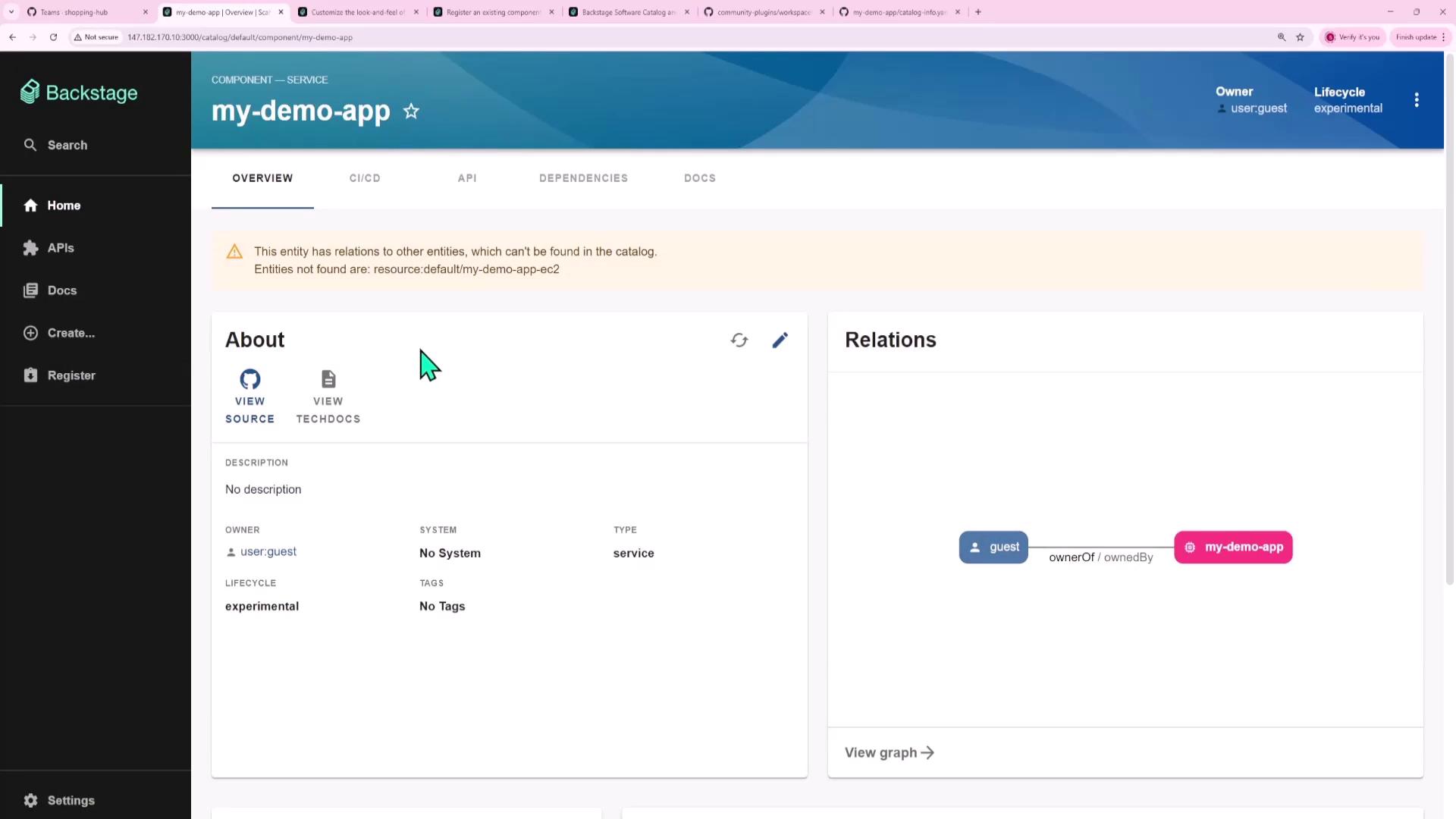 The image shows a web interface for a component named "my-demo-app" in a software catalog, displaying details like owner, system, and type, along with a relations graph.