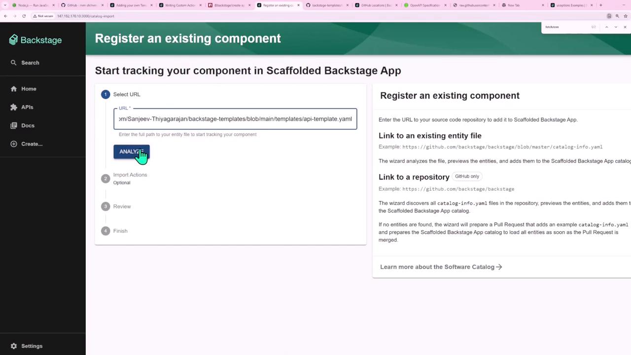 The image shows a user interface for registering an existing component in a Backstage app, with a URL input field and an "ANALYZE" button. The sidebar includes navigation options like Home, APIs, Docs, and Create.
